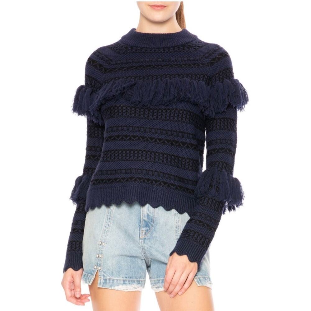 Jonathan Simkhai‎ Tassel Fringe Knit Wool Sweater Black Blue Stripe